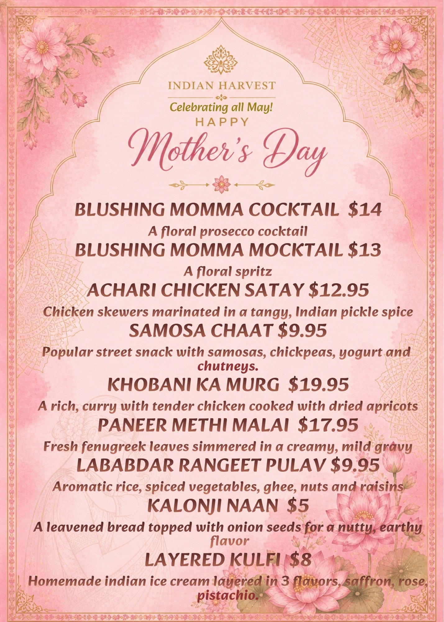 The Indian Harvest Restaurant Mothersday Specials