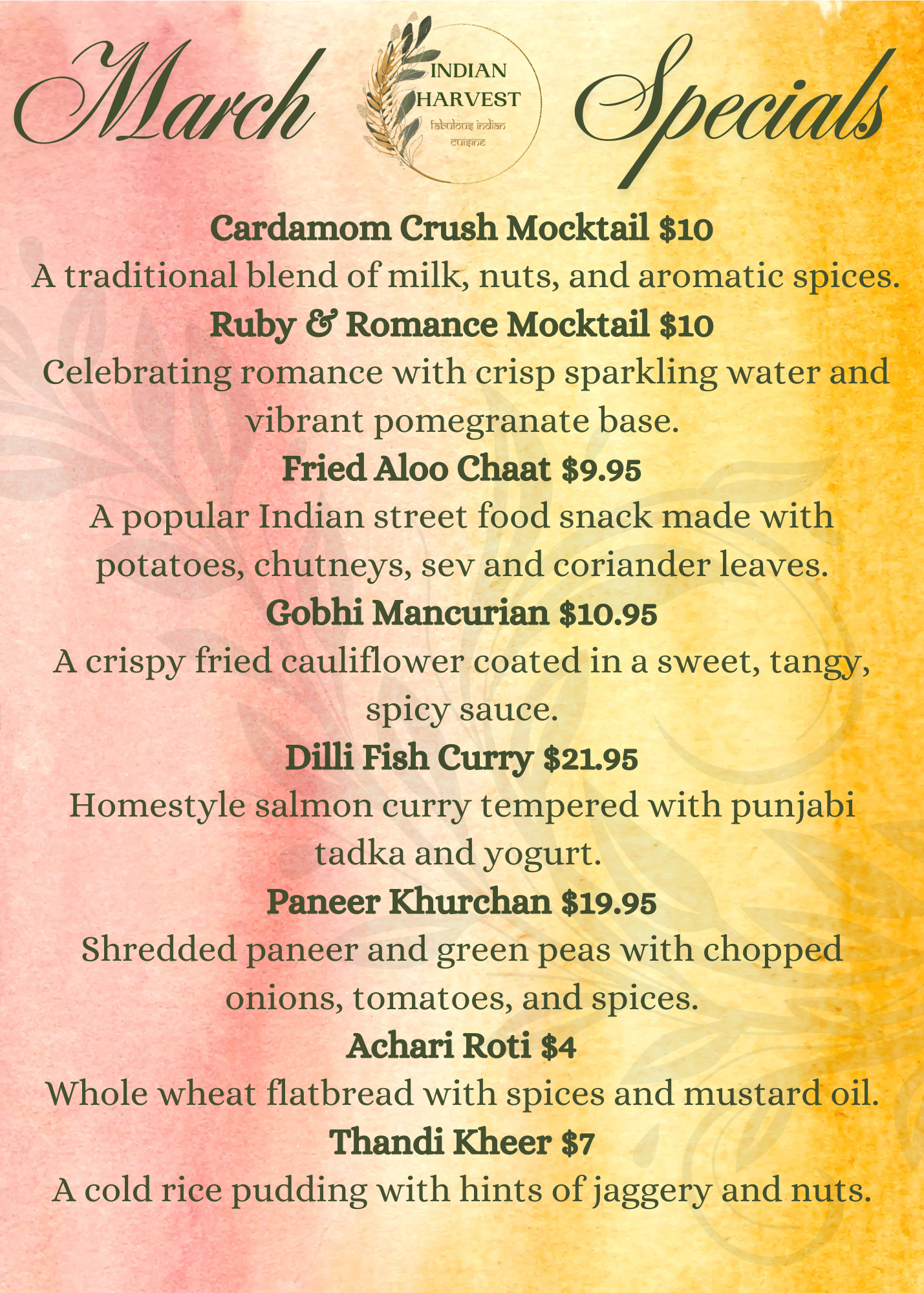 The Indian Harvest Restaurant Specials Mar 2025
